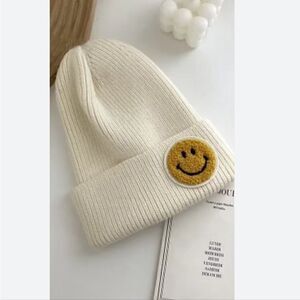 Cream Color Happy Face Beanie OS